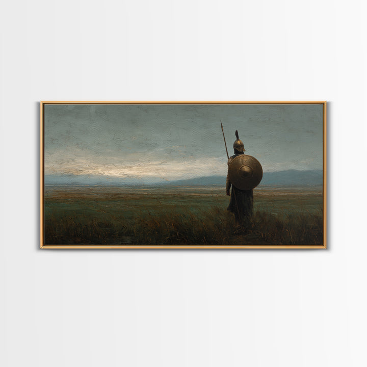 Ancient Shield Warrior In Quiet Field Wall Art Historical Landscape Painting, Greek Soldier Canvas Print For Office Decor