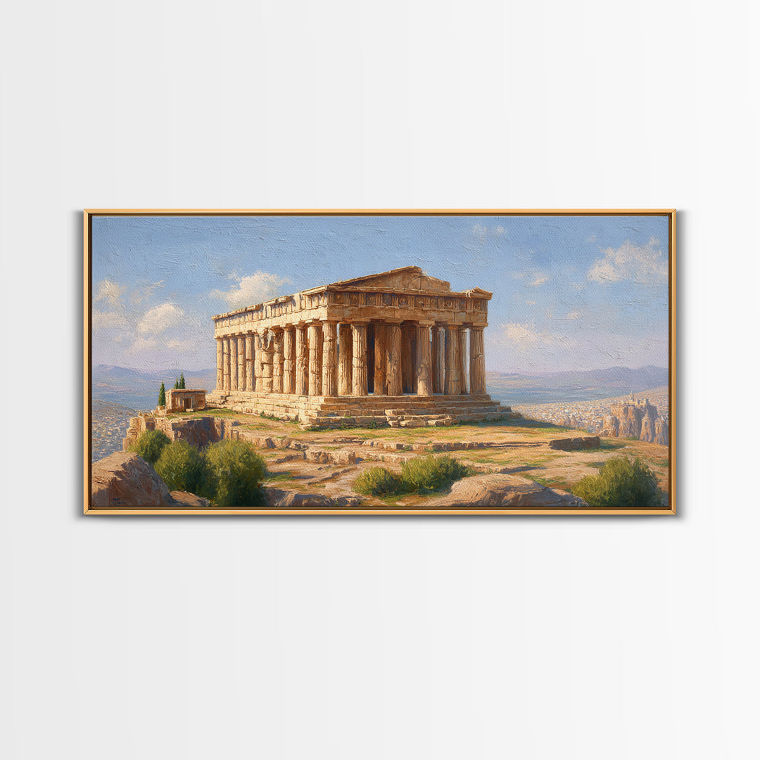 Sunlit Greek Temple Parthenon Wall Art, Ancient Architecture Painting, Mediterranean Landscape, Classic Home Decor Print