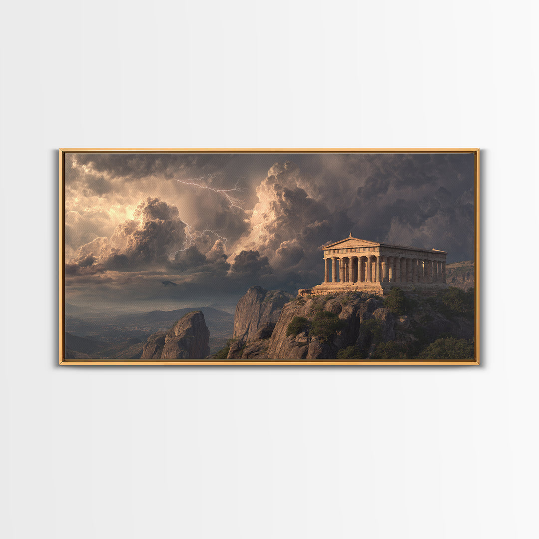 Ancient Greek Temple Storm Over Mountain Cliffs Wall Art, Mythological Landscape, Greece Decor, Dramatic Fine Art Print Poster