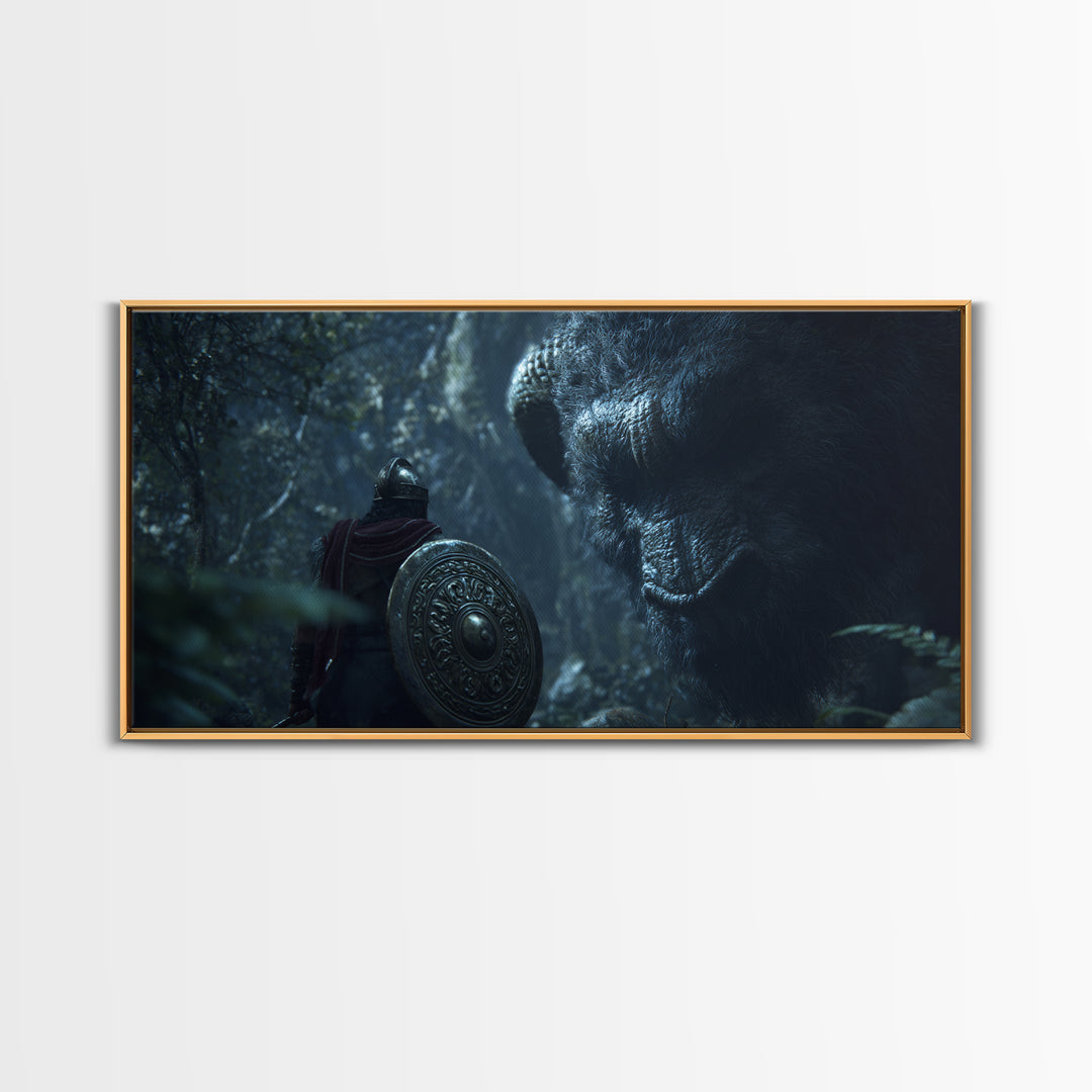 Armored Warrior Facing Giant Forest Bear Framed Canvas Print, Fantasy Art, Animal Wall Art, Dark Wall Art, Unique Gift, Home Decor