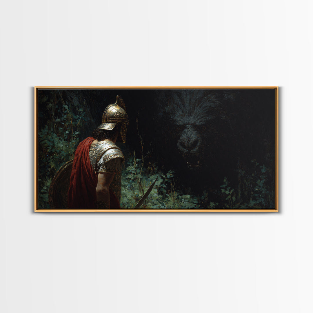 Dark Warrior Facing Bear Framed Canvas Print, Mythic Fantasy Wall Art, Gothic Forest Living Room Decor, Gift For Him, Man Cave