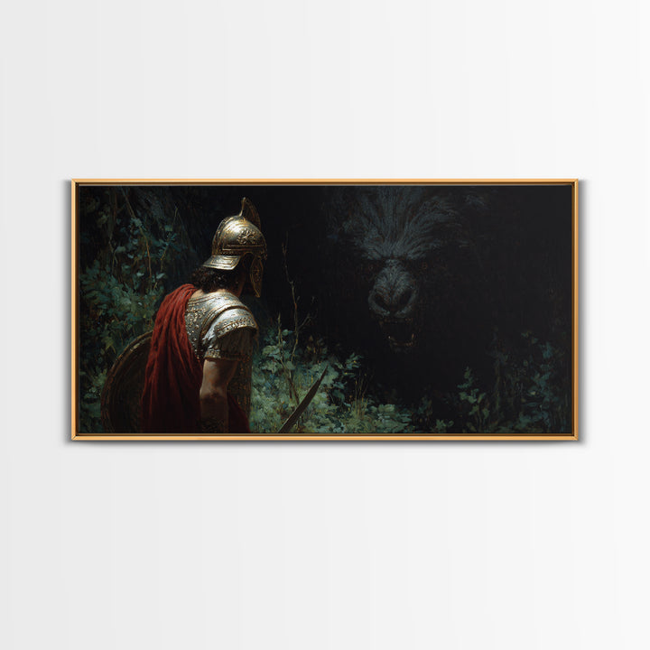 Dark Warrior Facing Bear Framed Canvas Print, Mythic Fantasy Wall Art, Gothic Forest Living Room Decor, Gift For Him, Man Cave