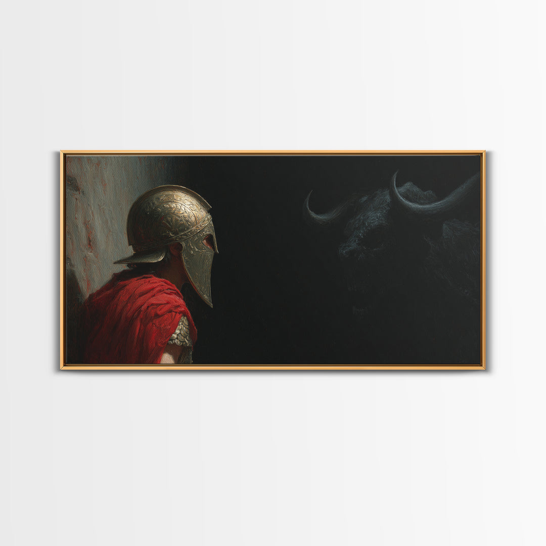 Helmeted Hero Facing Shadow Bull Framed Canvas Print, Mythological Wall Art, Dark Fantasy Decor, Greek Myth Gift For Him