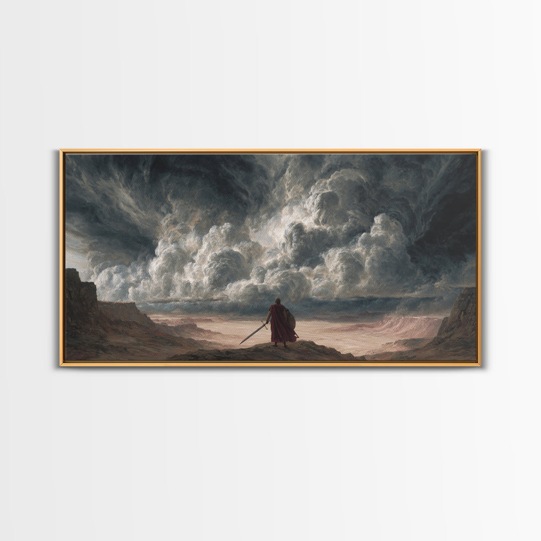 Solitary Warrior Beneath Apocalyptic Storm Canvas Print, Epic Fantasy Wall Art, Dramatic Landscape Decor For Living Room