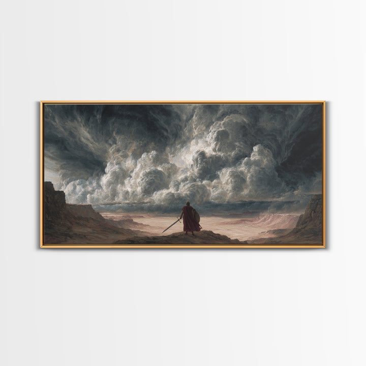 Solitary Warrior Beneath Apocalyptic Storm Canvas Print, Epic Fantasy Wall Art, Dramatic Landscape Decor For Living Room