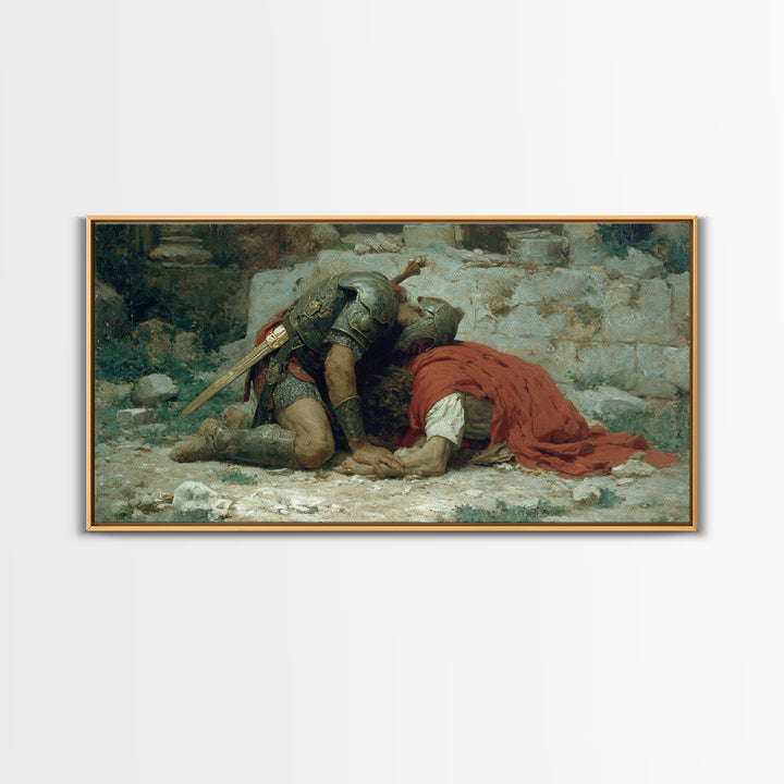 Fallen Knight Mourning In Ruins Wall Art, Medieval Tragedy Canvas Print, Historical Warrior Decor For Living Room And Office