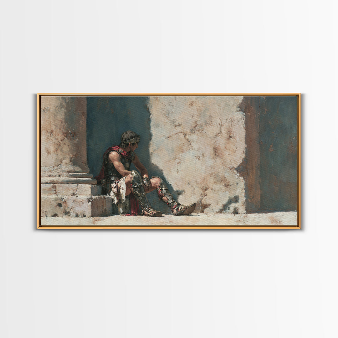 Resting Roman Gladiator In Sunlit Stone Hall Wall Art, Historical Warrior Framed Canvas Print For Classical Home Decor Gift