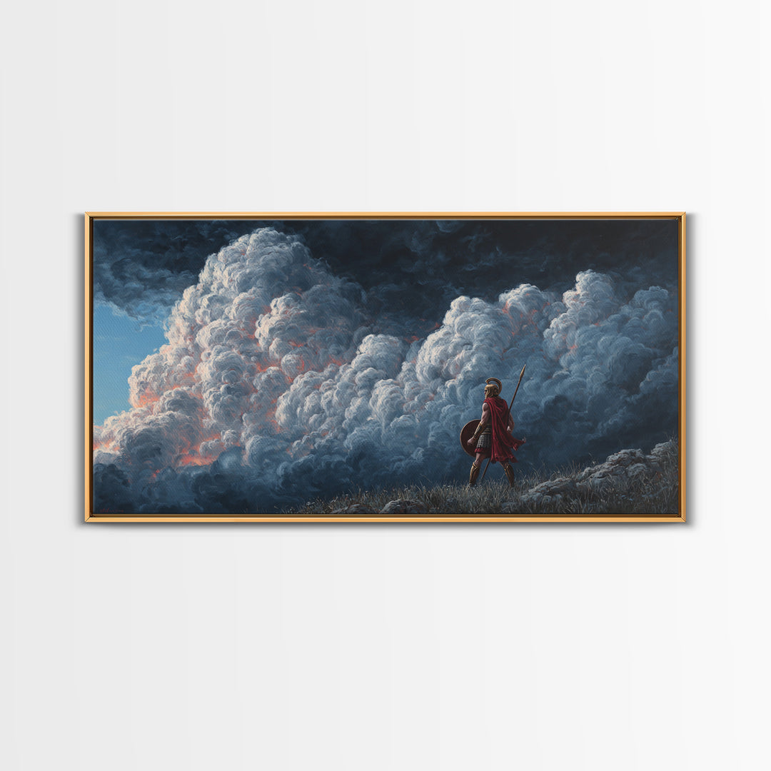 Small Warrior Before Towering Storm Clouds Wall Art, Dramatic Fantasy Canvas Print For Kids Room Decor And Moody Home Decor