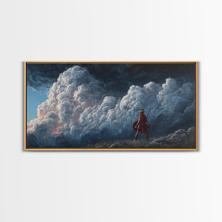 Small Warrior Before Towering Storm Clouds Wall Art, Dramatic Fantasy Canvas Print For Kids Room Decor And Moody Home Decor