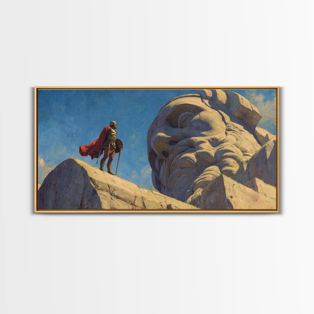 Knight Beside Giant Ancient Statue Wall Art, Epic Fantasy Landscape, Medieval Canvas Decor, Dramatic Office Art Print For Living Room