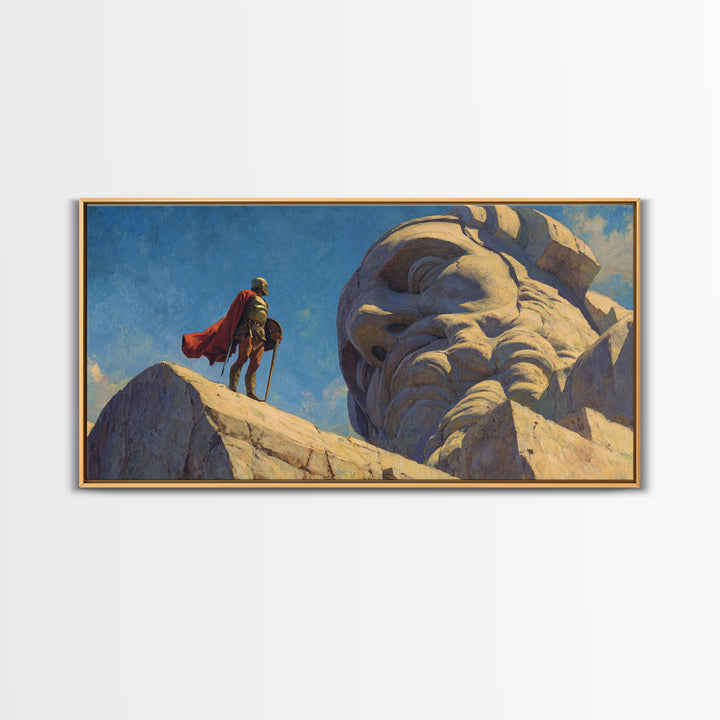 Knight Beside Giant Ancient Statue Wall Art, Epic Fantasy Landscape, Medieval Canvas Decor, Dramatic Office Art Print For Living Room