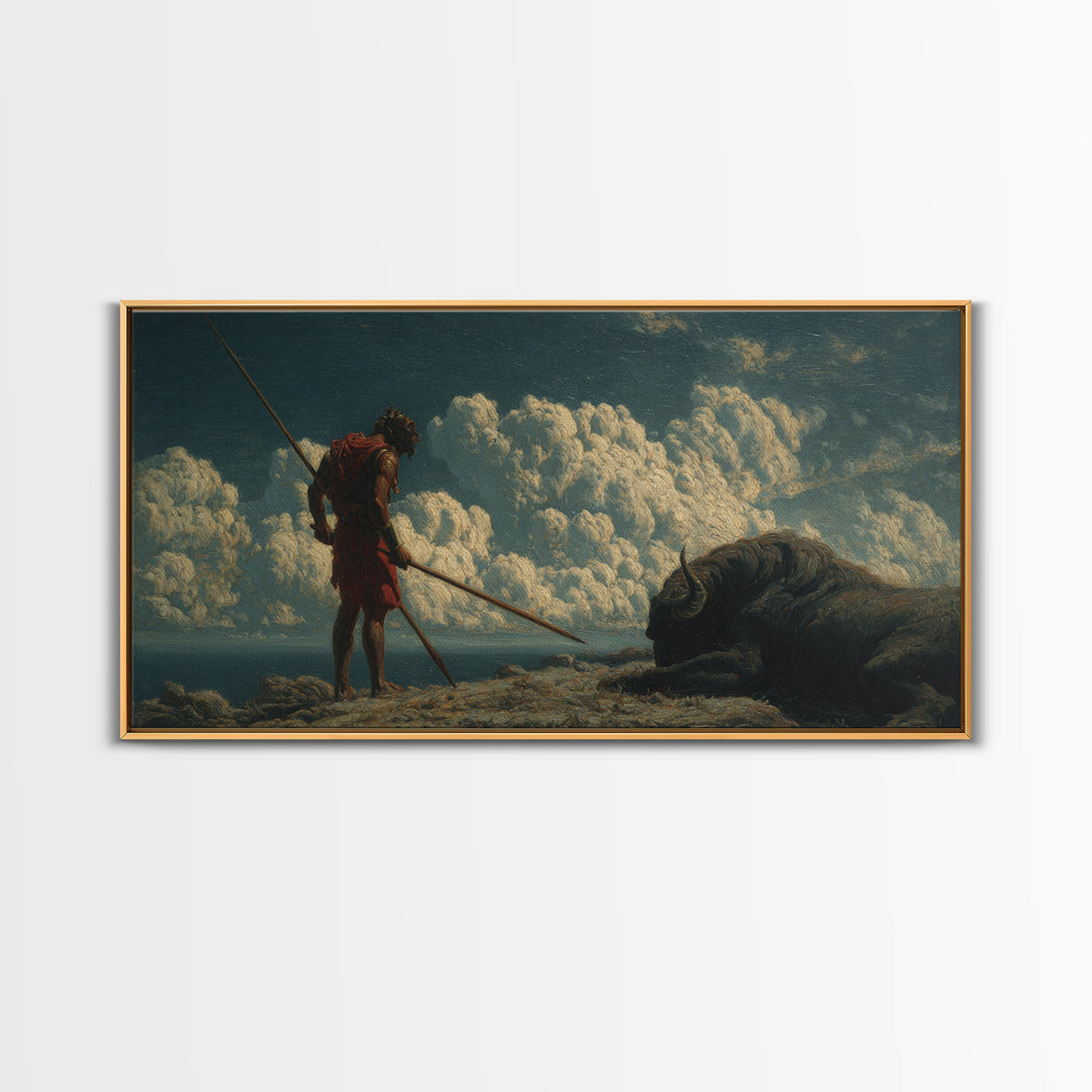 Ancient Spear Hunter And Bison Wall Art, Mythological Warrior Painting, Rustic Wildlife Decor, Epic Fantasy Home Decor Gift