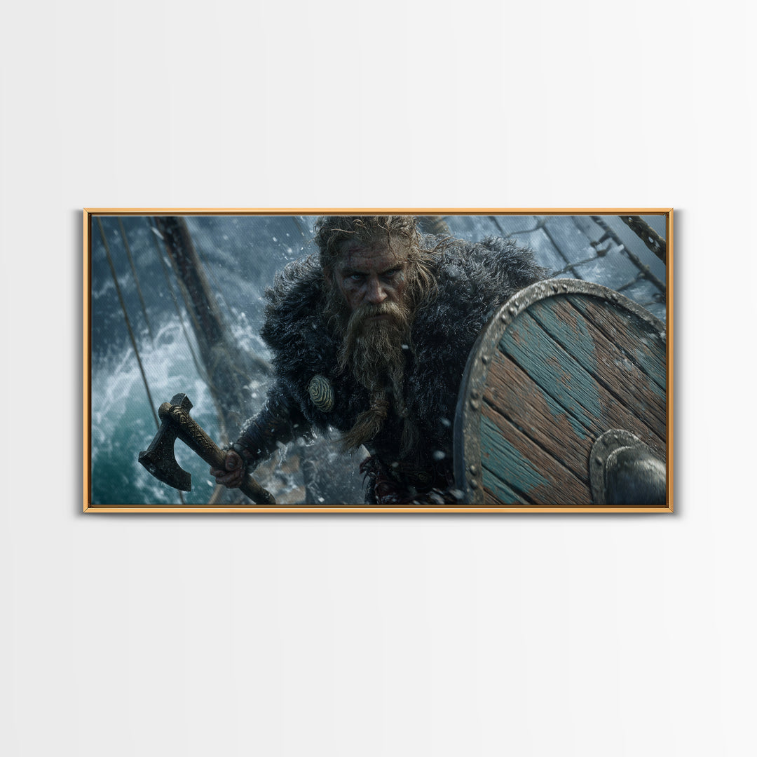 Dramatic Viking Warrior With Beard Holding Axe And Wooden Shield Battle Scene Wall Art Canvas Print