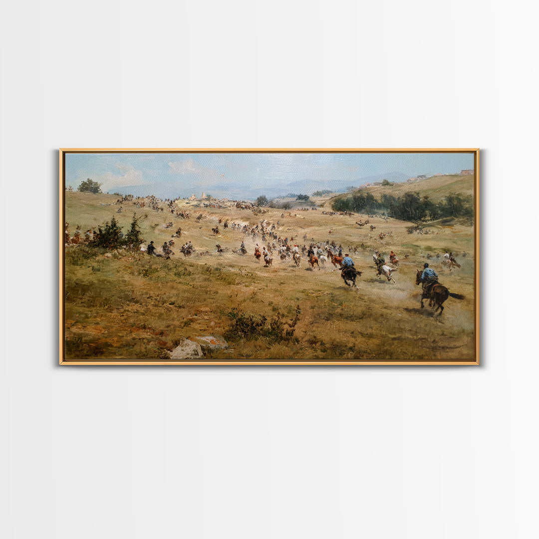 Cavalry Charge Across Rolling Hills Wall Art, Historical Battle Canvas Print For Rustic Living Room Decor And Office Decor
