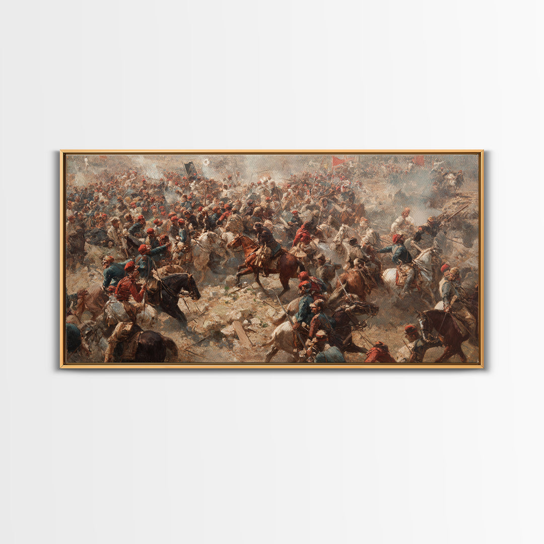 Panoramic Cavalry Charge In Dusty Battle Wall Art, Historic War Canvas Print, Large Living Room Decor, Equestrian Art Print