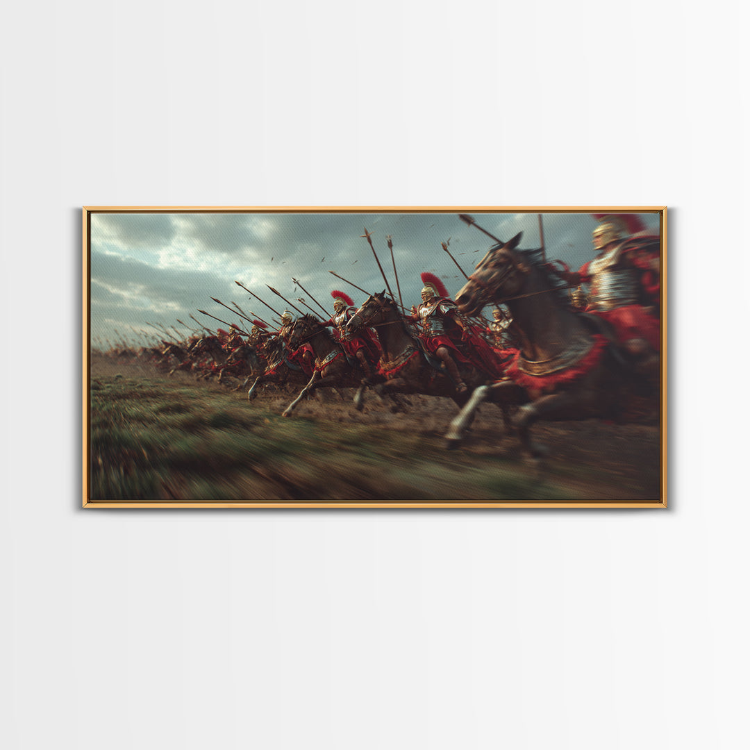 Ancient Cavalry Charge Across Battlefield Wall Art, Horse Racing Battle Canvas Print, Greek Warrior Decor, Dramatic History Poster