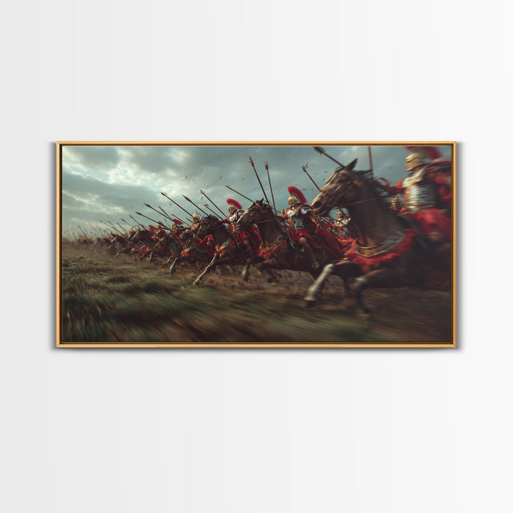 Ancient Cavalry Charge Across Battlefield Wall Art, Horse Racing Battle Canvas Print, Greek Warrior Decor, Dramatic History Poster