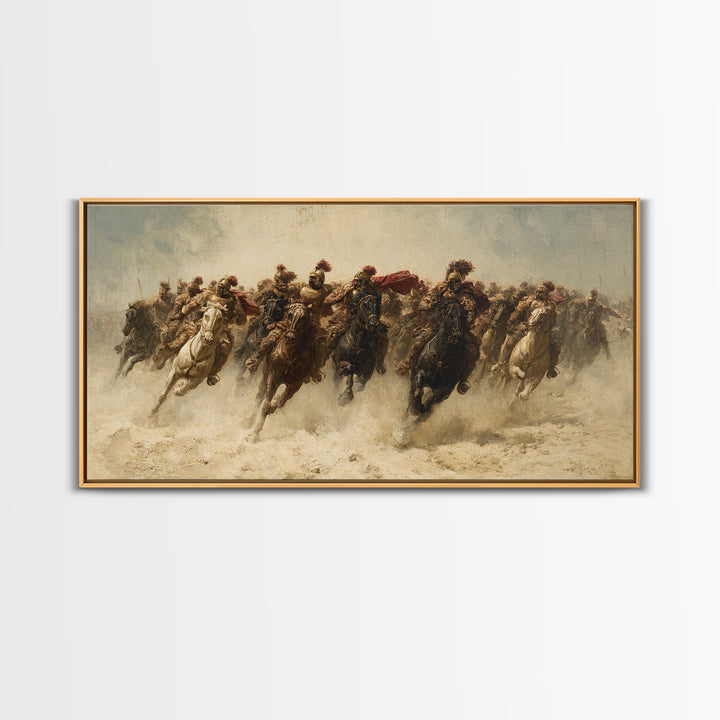 Charging Cavalry Across Dusty Plains Canvas Print, Equestrian Battle Wall Art, Western Horse Decor, Statement Living Room Art