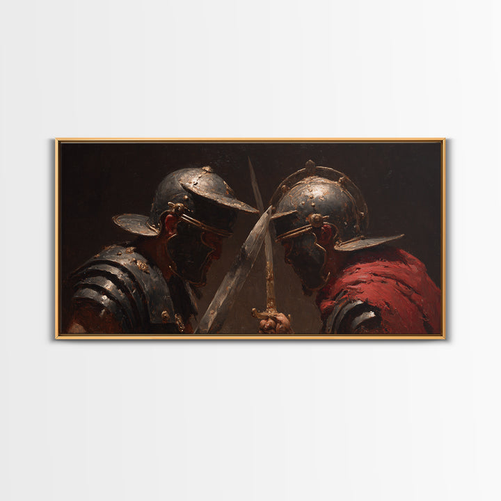 Close Combat Helmeted Knights Crossing Swords Framed Canvas Print, Medieval Duel Wall Art, Dark Academia Office Decor Gift