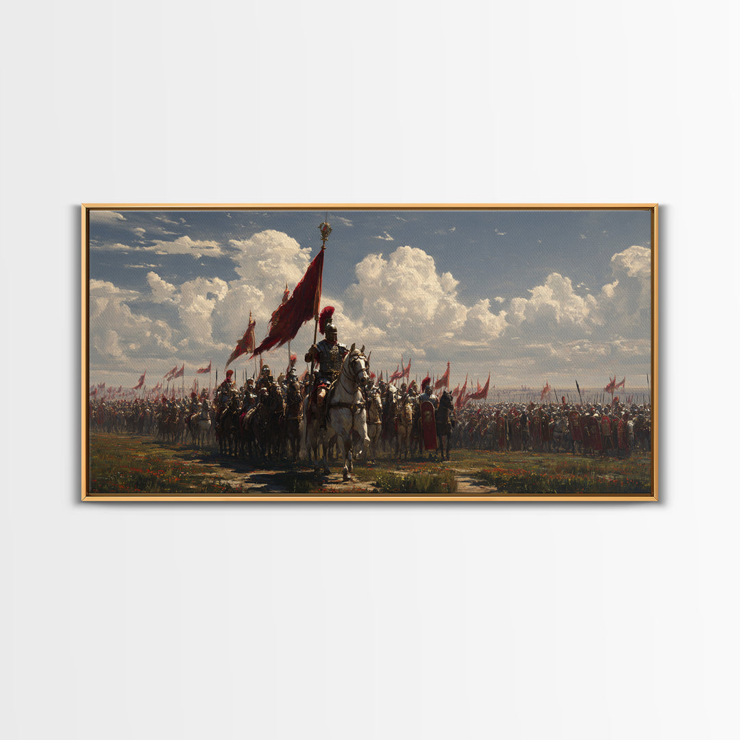 Mounted Knight Army With Red Banner Framed Canvas Print, Medieval Battle Wall Decor, Historical Art, Living Room Decor, Statement Artwork