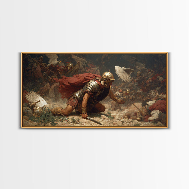 Fallen Roman Soldier In Chaotic Battle Framed Canvas Print, Classical War Wall Decor, Baroque History Art, Dark Academia