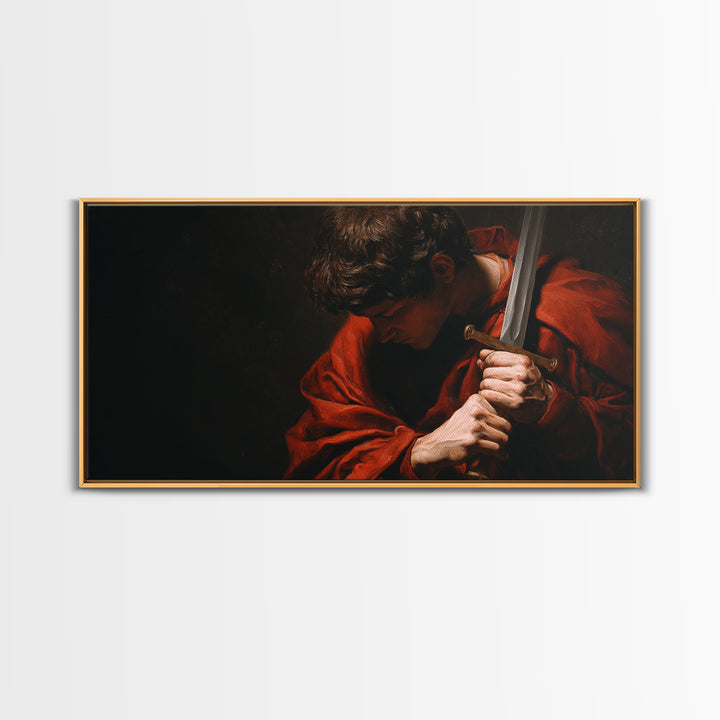 Red Cloaked Swordsman In Shadow Framed Canvas Print, Medieval Portrait Wall Art, Dark Academia Office Decor, Gift For Him