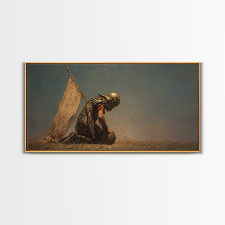 Kneeling Ancient Soldier Beside Tent Canvas Print, Historical Warrior Wall Art, Desert Battlefield Decor, Masculine Gift For Him