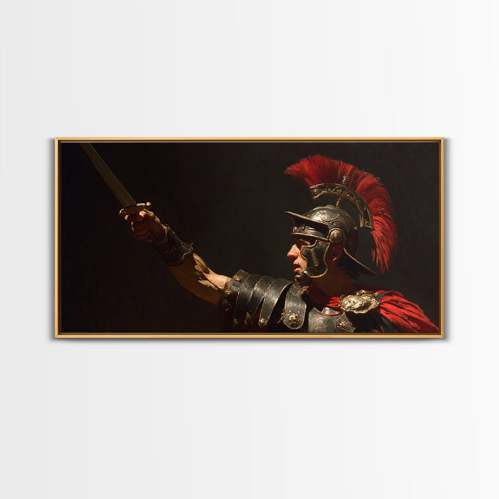 Roman Centurion Raising Sword Framed Canvas Print, Ancient Warrior Wall Art, Dark Academia Decor, Gift For Him, Masculine Office Decor