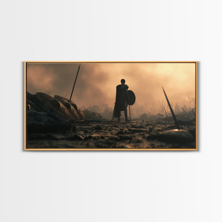 Lonely Spartan Warrior On Smoky Battlefield Canvas Print, Ancient Greek Wall Art, Masculine Office Decor, Gift For Him Poster