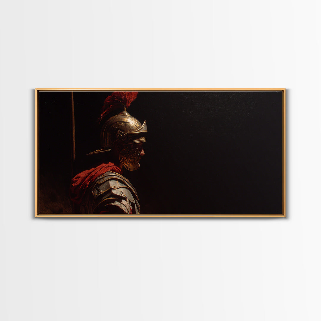 Roman Legion Helmet In Dramatic Shadow Wall Art, Classical Warrior Canvas, Dark Academia Decor, Masculine Office Art Print