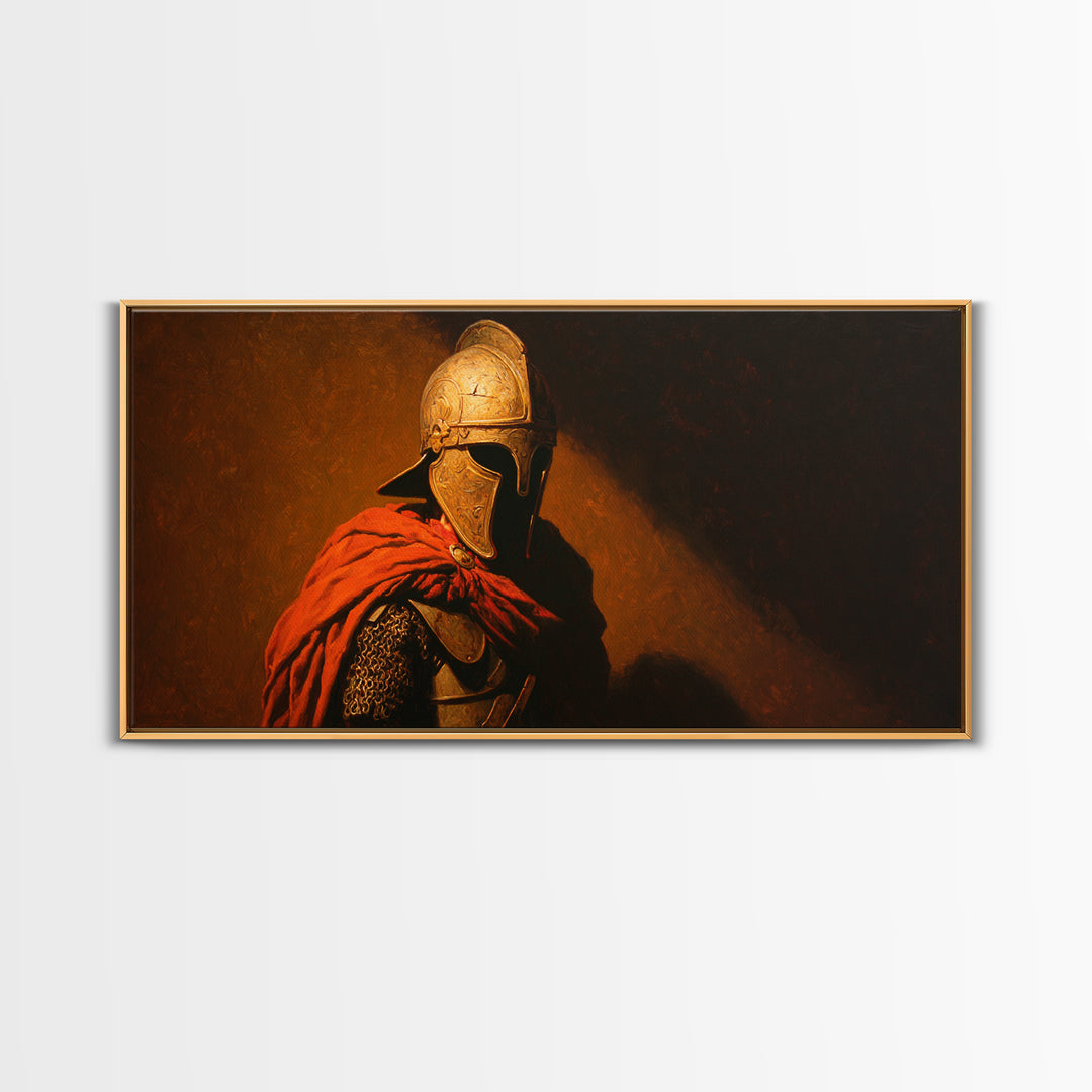 Ancient Helmeted Warrior In Red Cloak Canvas Print, Spartan Wall Art, Dark Academia Decor, Masculine Office Gift For Him