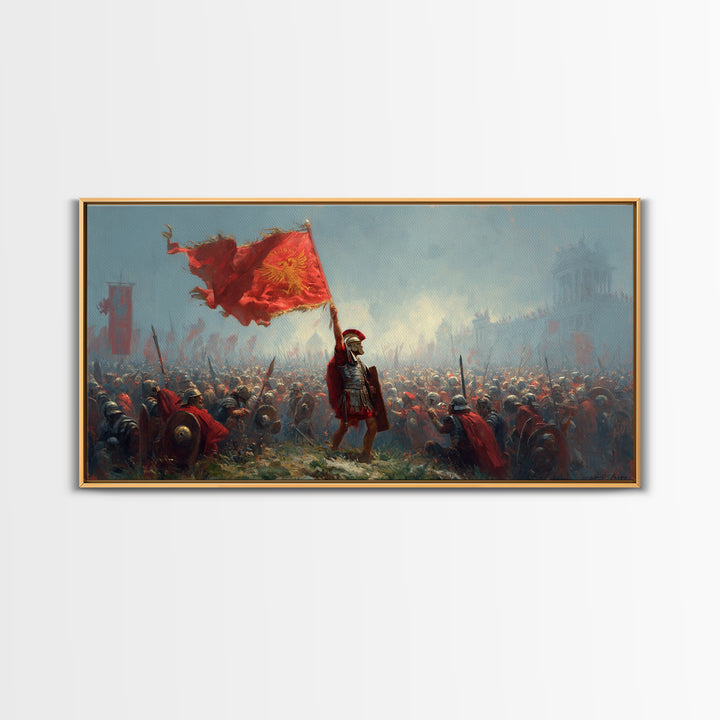 Roman Standard Bearer Battle Wall Art, Ancient Warrior Canvas Decor, Historical Painting, Large Living Room Art Print Gift For Him