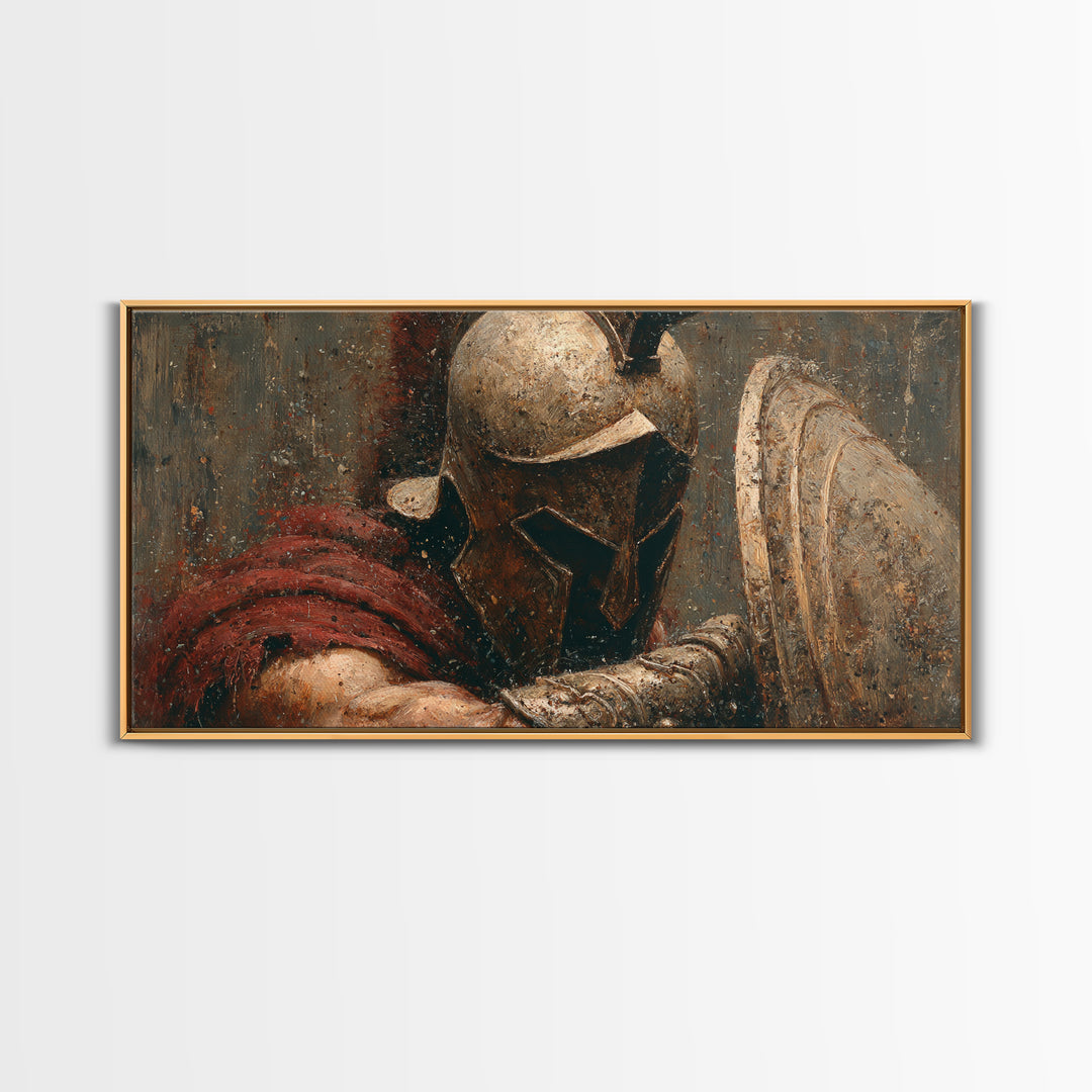 Bronze Helmet And Shield Warrior Framed Canvas Print, Ancient Battle Wall Art, Textured Painting, Gift For Him, Masculine Office Decor