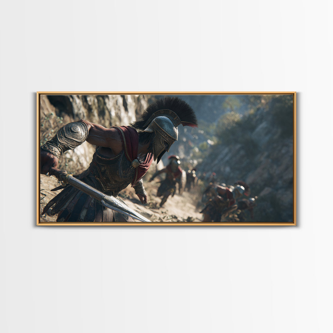 Spartan Warrior Sprinting Through Mountain Pass Wall Art, Ancient Greek Canvas Print, Battle Scene Decor, Masculine Office Poster