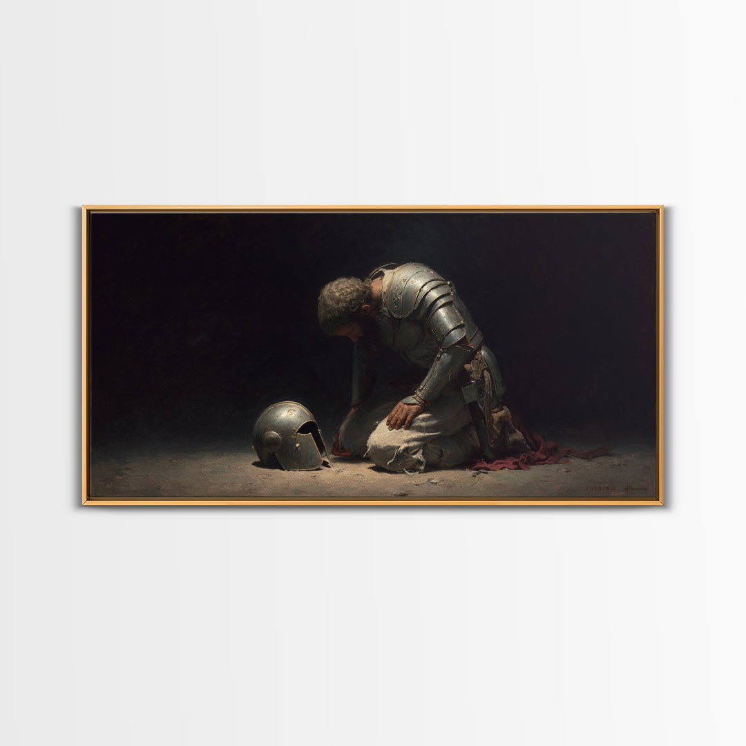 Kneeling Knight With Helmet Wall Art, Dark Medieval Canvas Painting, Gothic Warrior Decor, Moody Office Art Gift For Him