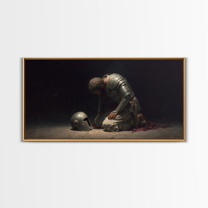 Kneeling Knight With Helmet Wall Art, Dark Medieval Canvas Painting, Gothic Warrior Decor, Moody Office Art Gift For Him
