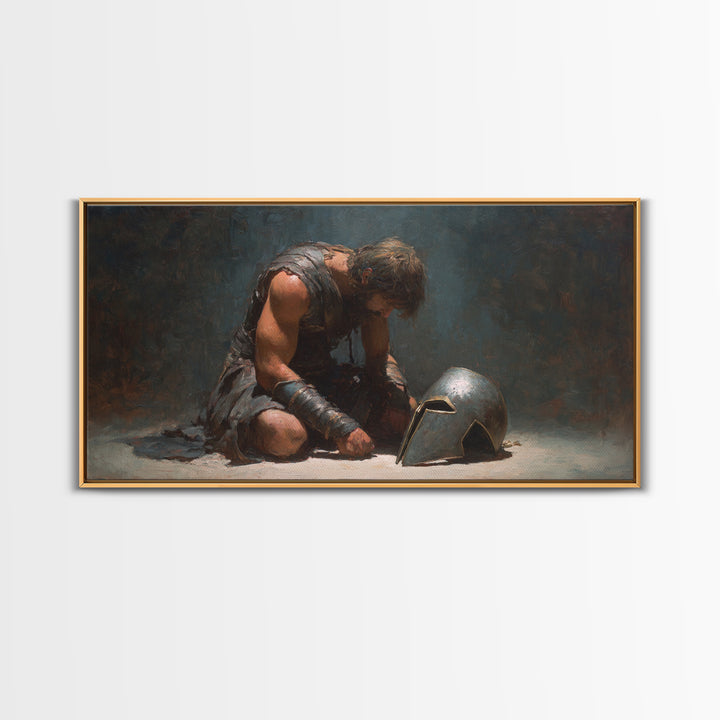 Defeated Ancient Gladiator With Helmet Framed Canvas Print, Dark Academia Wall Decor, Mythological Art, Gift For Him, Living Room Art