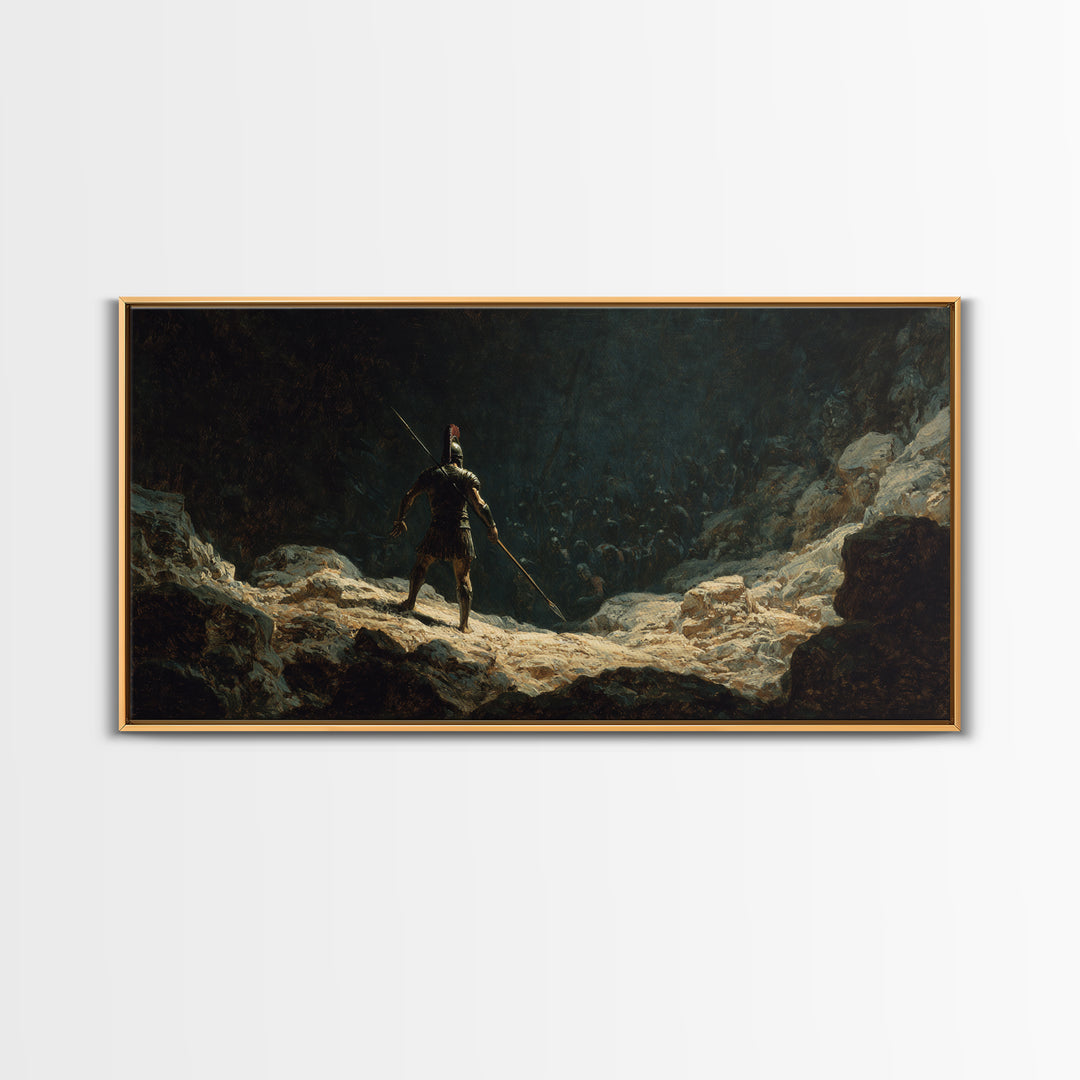 Lone Spear Warrior Facing Shadow Army Wall Art, Ancient Battle Canvas Print For Dark Fantasy Home Decor And Man Cave Office Decor