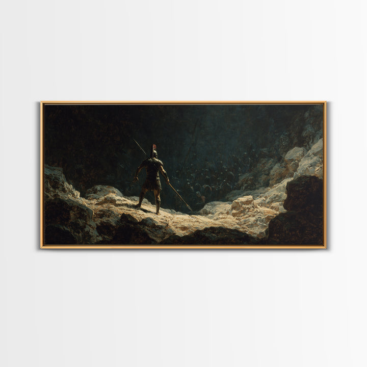 Lone Spear Warrior Facing Shadow Army Wall Art, Ancient Battle Canvas Print For Dark Fantasy Home Decor And Man Cave Office Decor