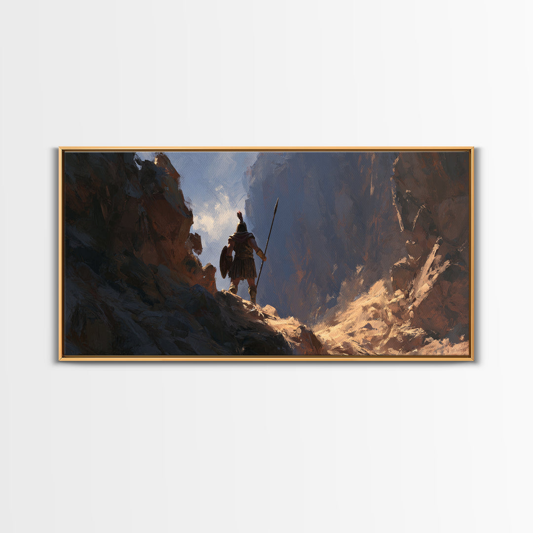 Lone Warrior In Mountain Canyon Framed Canvas Print, Fantasy Art, Mountain Wall Art, Rustic Decor, Gift For Him, Office Wall Art