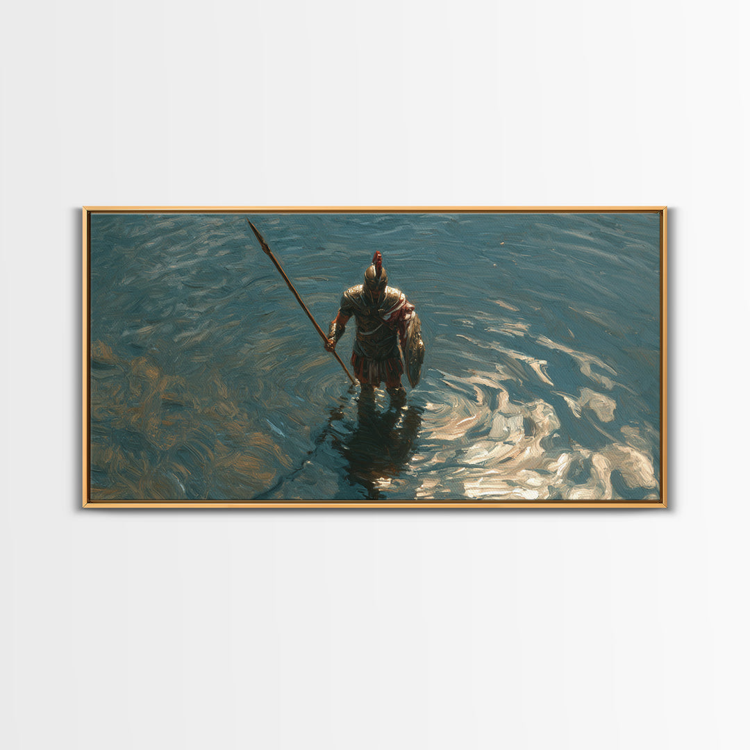 Armored Knight Standing In Shimmering Water Canvas Print, Medieval Fantasy Wall Art, Moody Lake Decor For Living Room Art