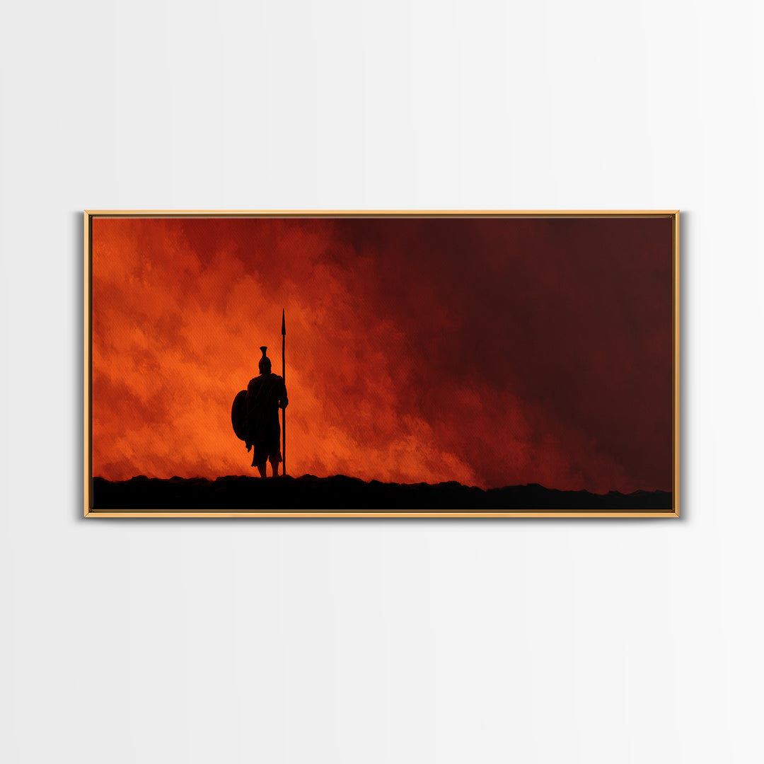 Lone Spear Warrior At Fiery Red Horizon Wall Art, Epic Fantasy Battle Canvas, Dark Warrior Decor, Man Cave Gift, Home Office Decor