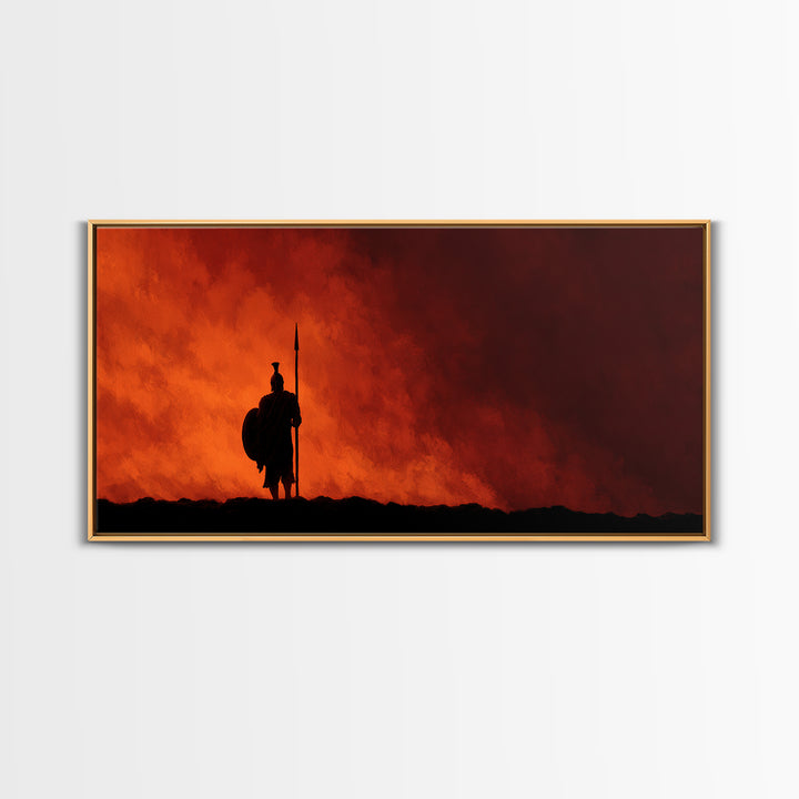 Lone Spear Warrior At Fiery Red Horizon Wall Art, Epic Fantasy Battle Canvas, Dark Warrior Decor, Man Cave Gift, Home Office Decor