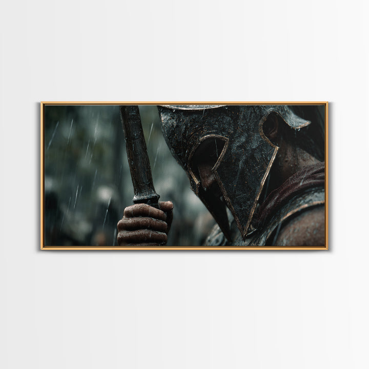 Rain Soaked Spartan Helmet And Axe Framed Canvas Print, Dark Warrior Wall Art, Ancient Battle Decor, Masculine Gift For Him