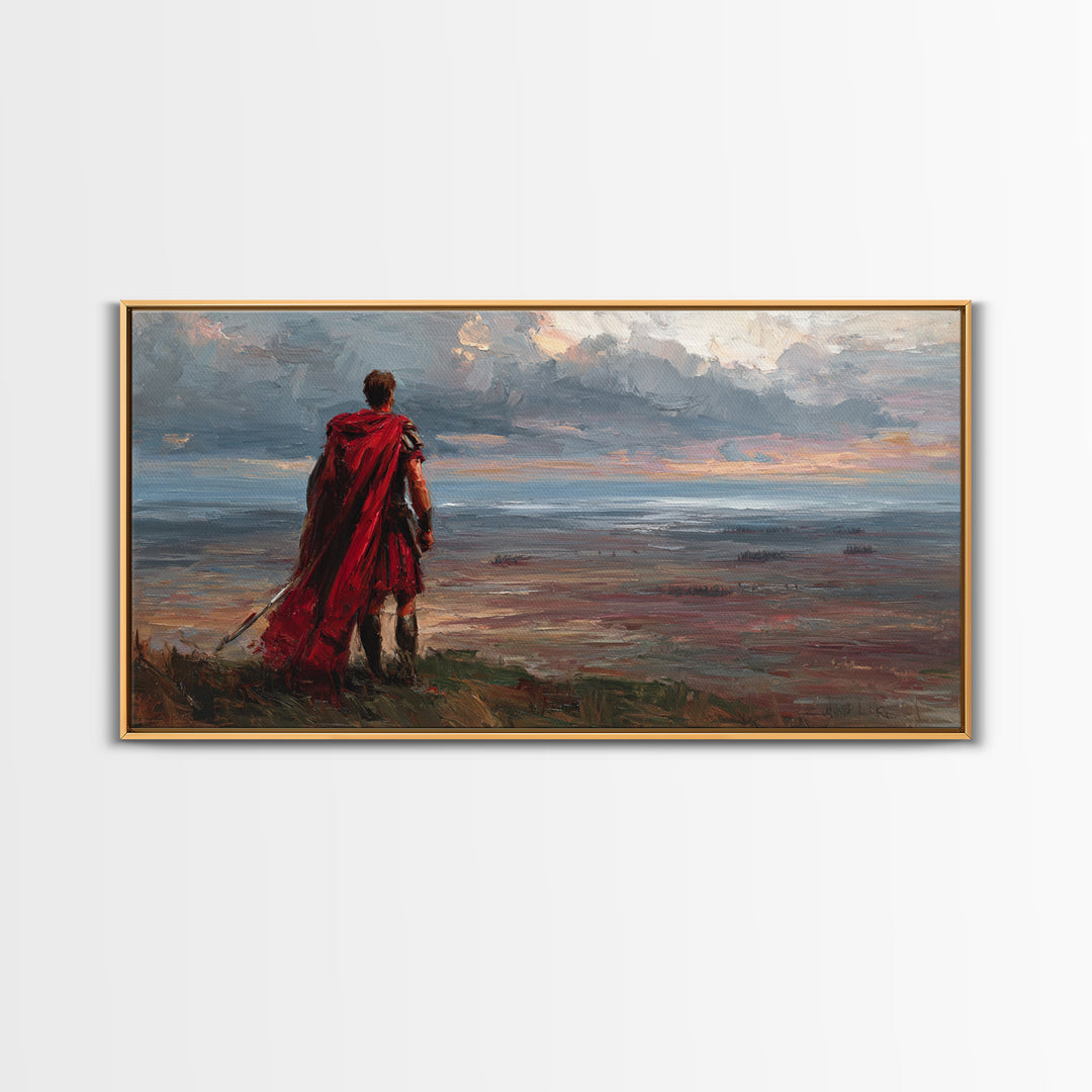Red Cloaked Warrior Over Stormy Shore Wall Art, Epic Coastal Landscape Canvas Print, Fantasy Living Room Decor, Gift For Him