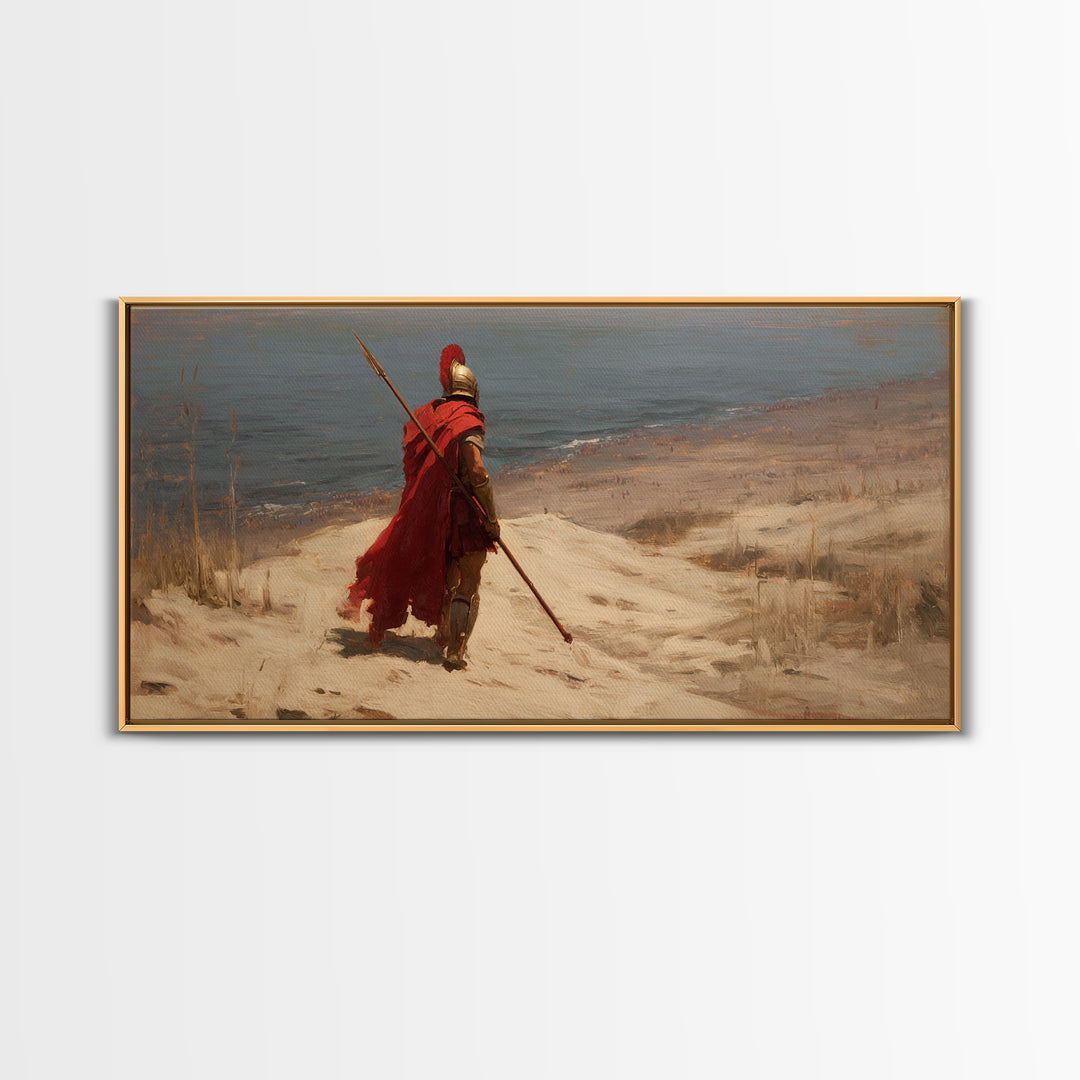 Lone Spartan Warrior On Shore Framed Canvas Print, Ancient Greek Wall Art, Historical Coastal Decor, Masculine Gift For Him