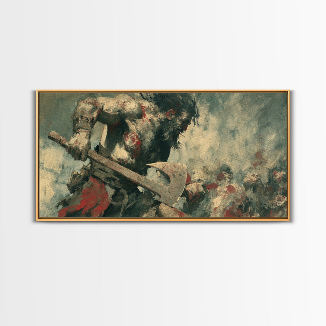 Bloodied Axe Warrior In Chaotic Battle Wall Art, Viking Fantasy Painting, Dark Medieval Canvas Decor For Man Cave Gift For Him