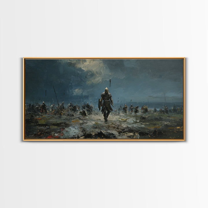 Warrior Leading Army Through Rain Canvas Print Dark Battlefield Wall Art, Epic Historical Decor For Masculine Home Office