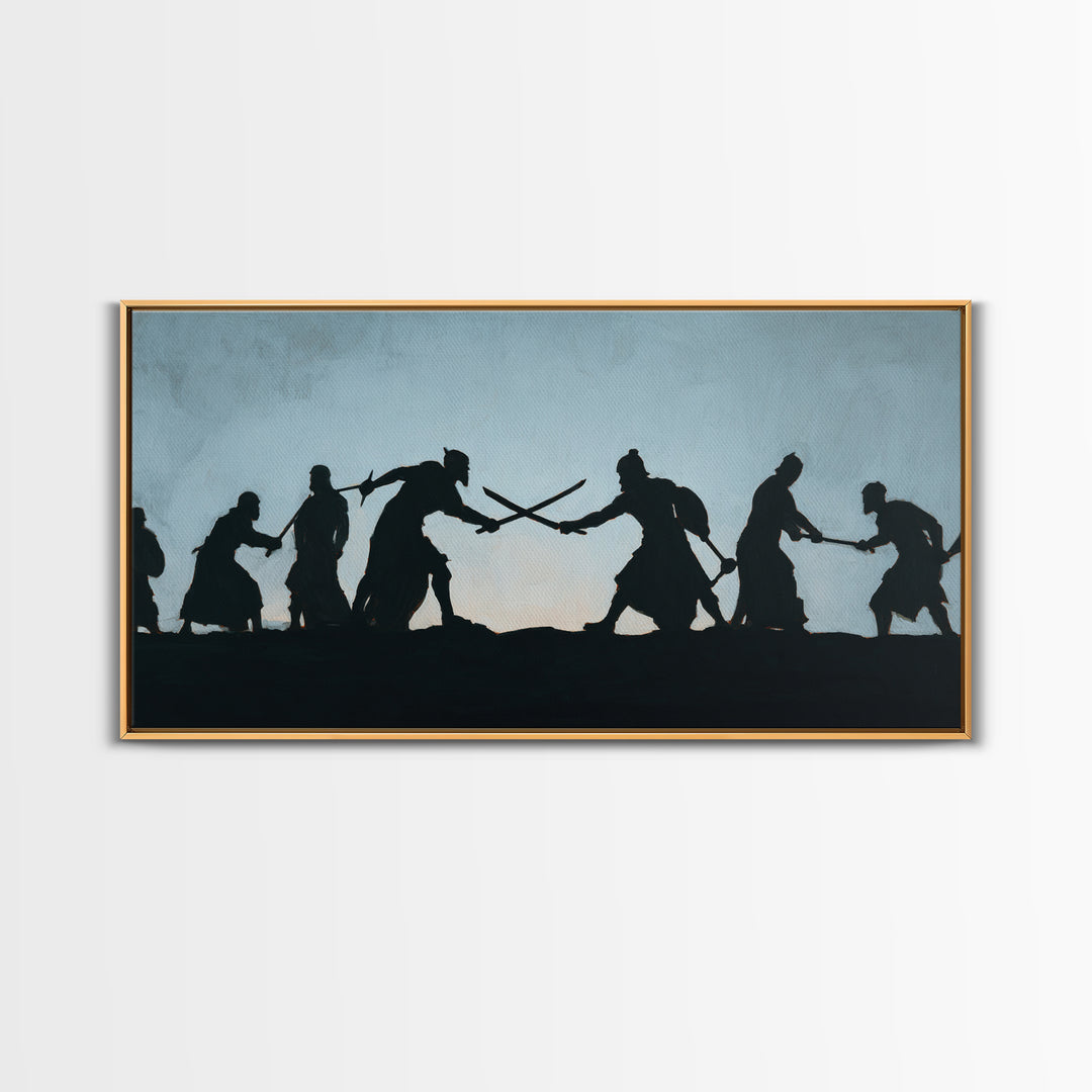 Silhouetted Sword Fighters Wall Art, Minimalist Warrior Battle Print, Black And White Decor, Fantasy Office Art Gift For Him