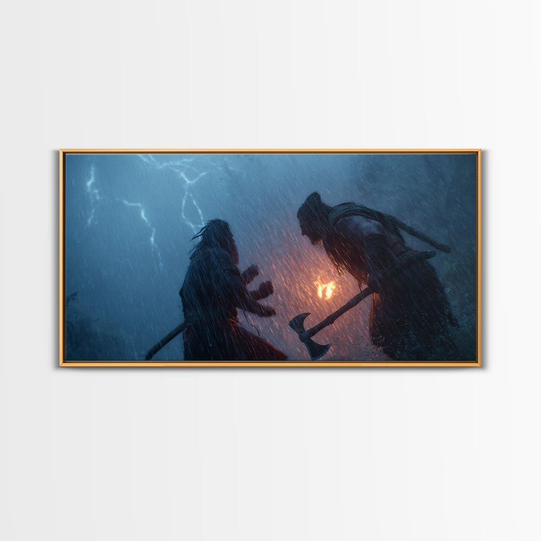 Two Viking Warriors In Lightning Storm Canvas Print, Dark Fantasy Wall Art, Norse Mythology Decor, Dramatic Battle Poster